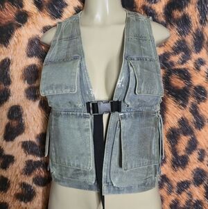 Green Metallic Denim Cargo Utility Vest